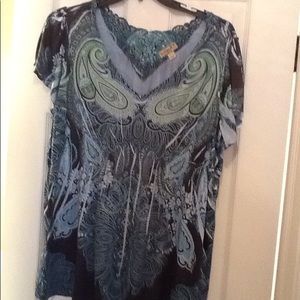 One World dressy top in greens and blues